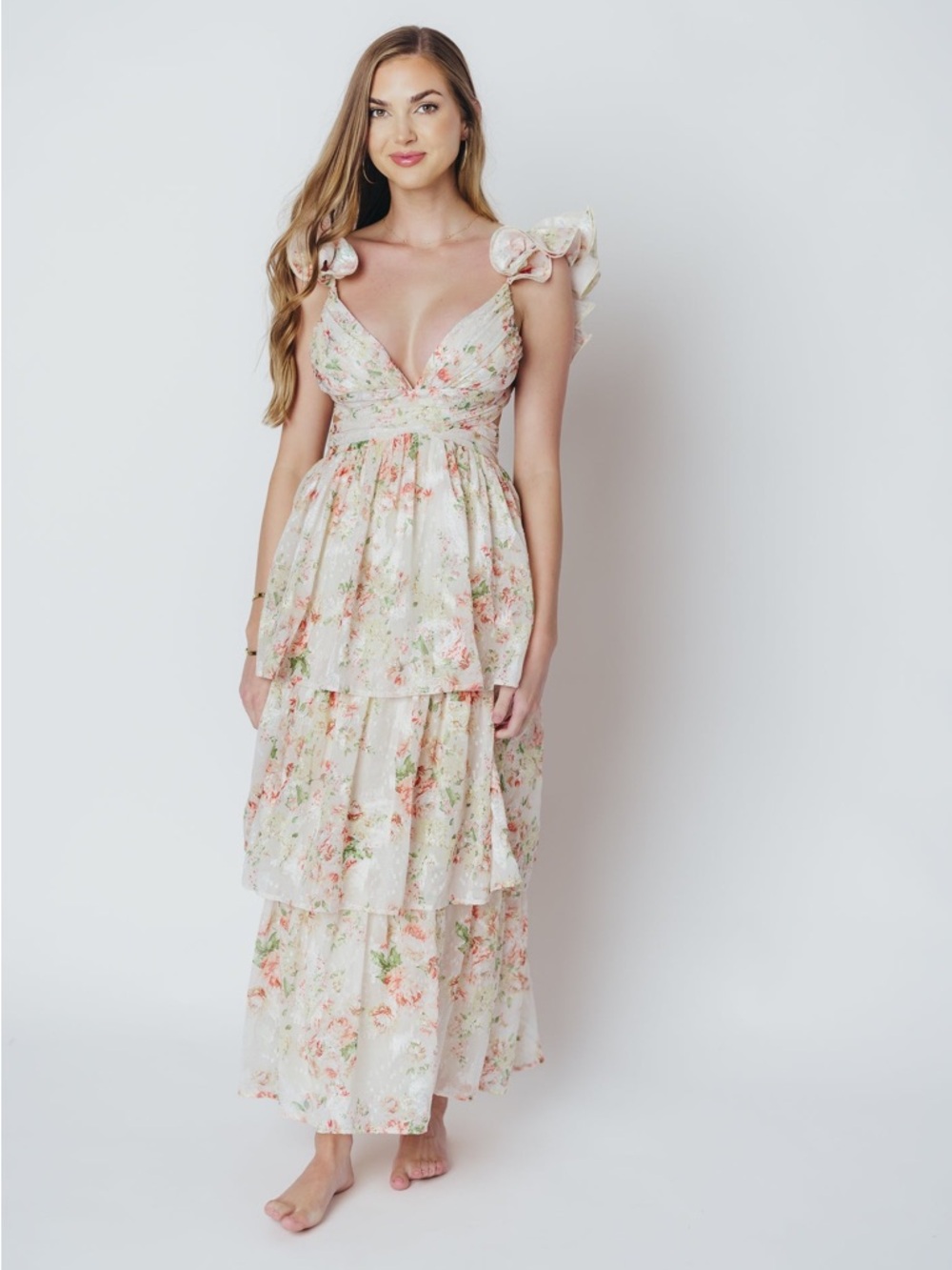 Storia Cream Maxi Dress with Pink Floral Print